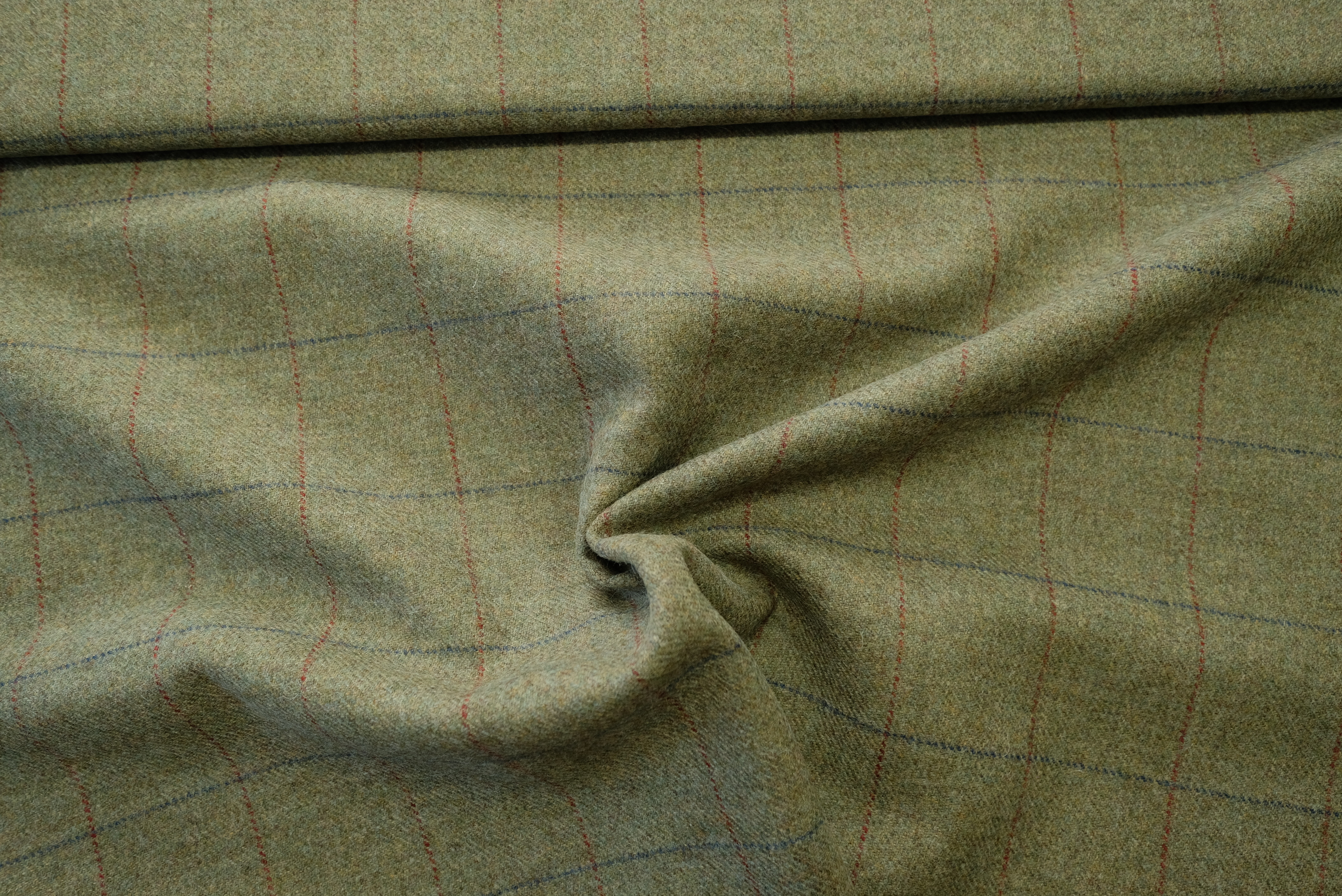 TWEED tartan wool fabric-gray green with red and blue 01
