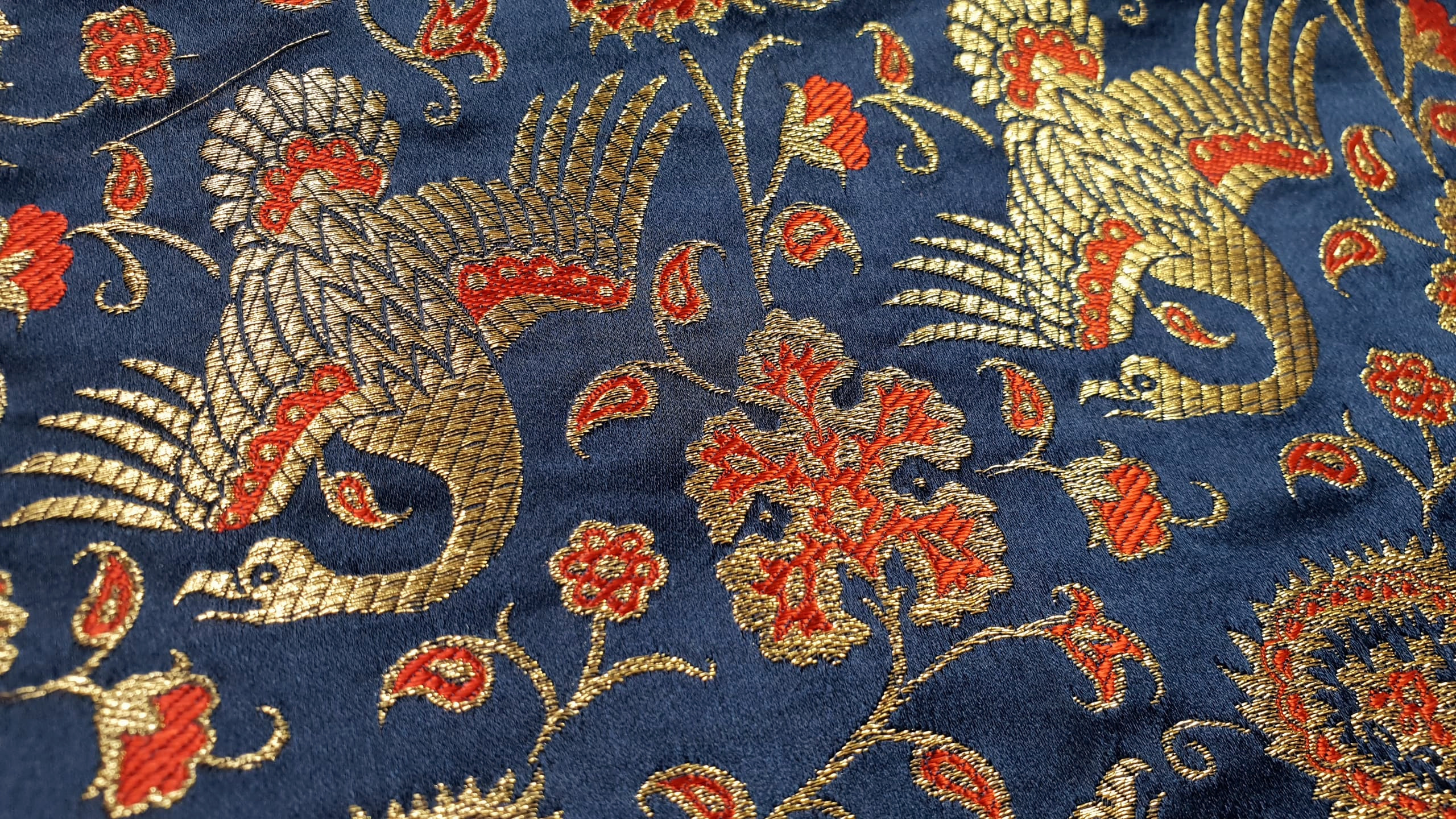 Silk brocade- gold birds on dark blue 14th cent