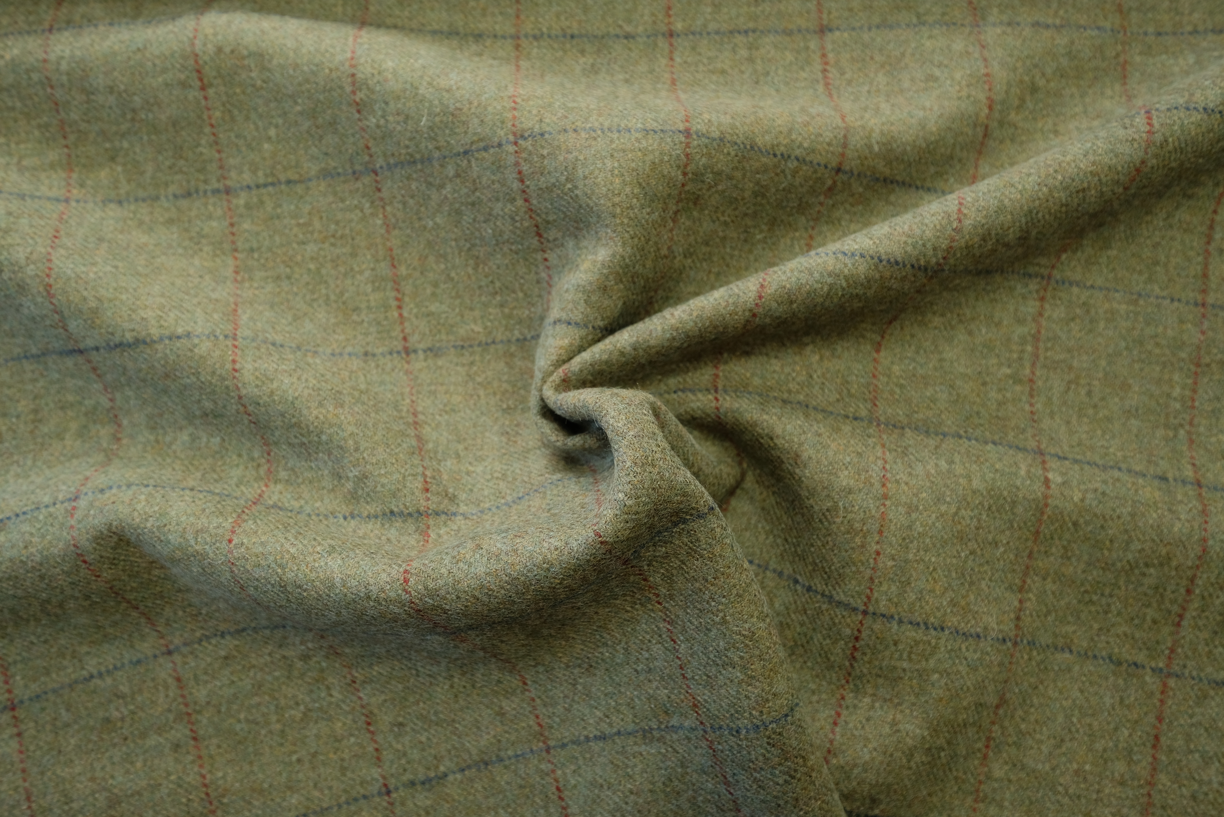 TWEED tartan wool fabric-gray green with red and blue 01