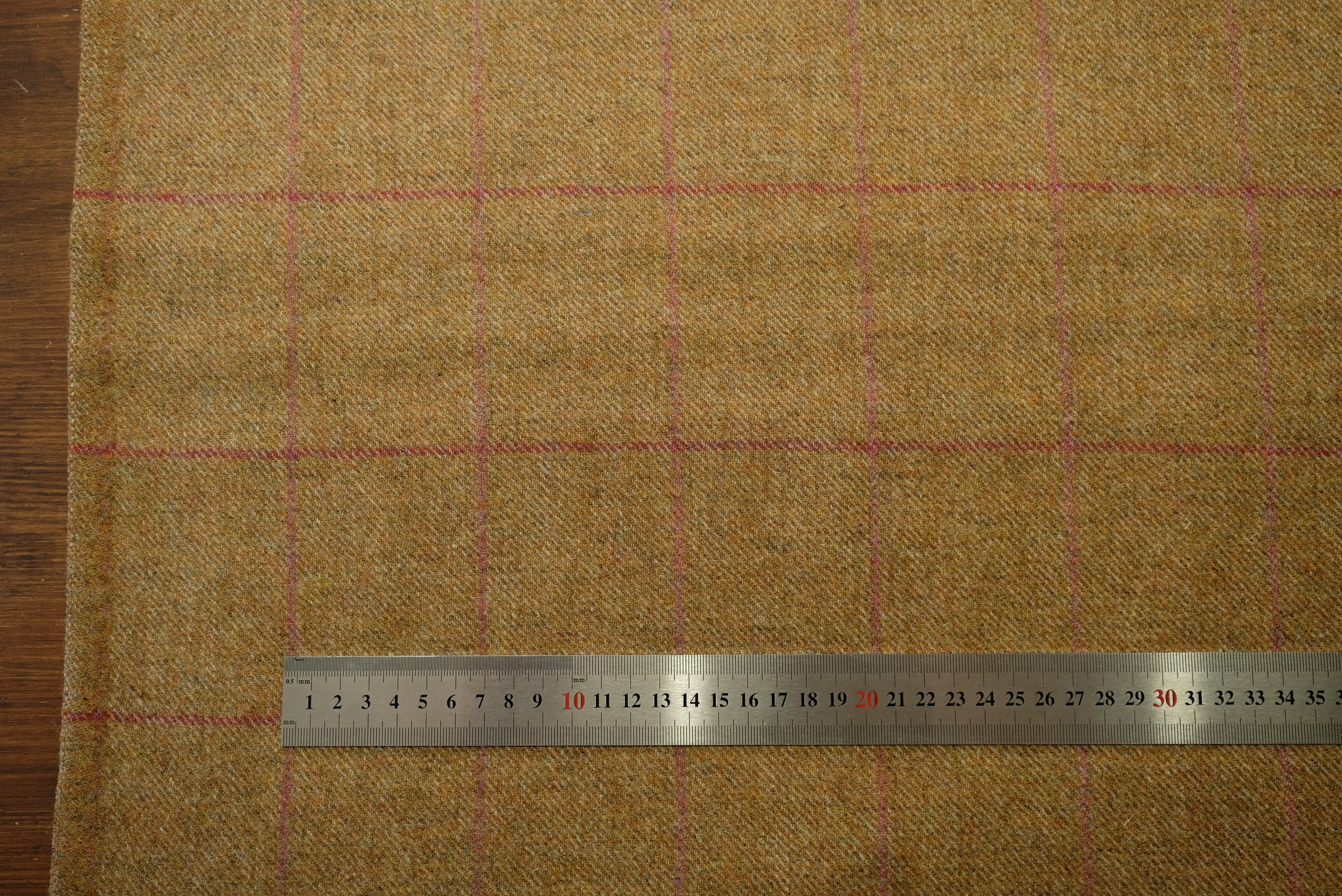 TWEED tartan wool fabric- olive brown with red 27
